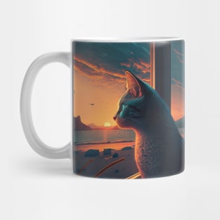 Design of a grey cat watching a sunset by the sea Mug